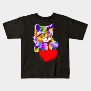 Colorful Cat Dripping Heart Gift for kittens Lovers Kids T-Shirt